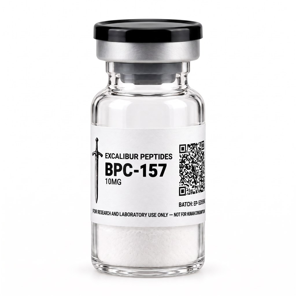 BPC-157 (body protection compound 157) 10 mg lyophilized research vial with Excalibur label