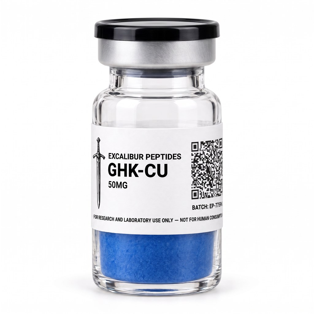 GHK-Cu copper tripeptide 50 mg lyophilized research vial with Excalibur label