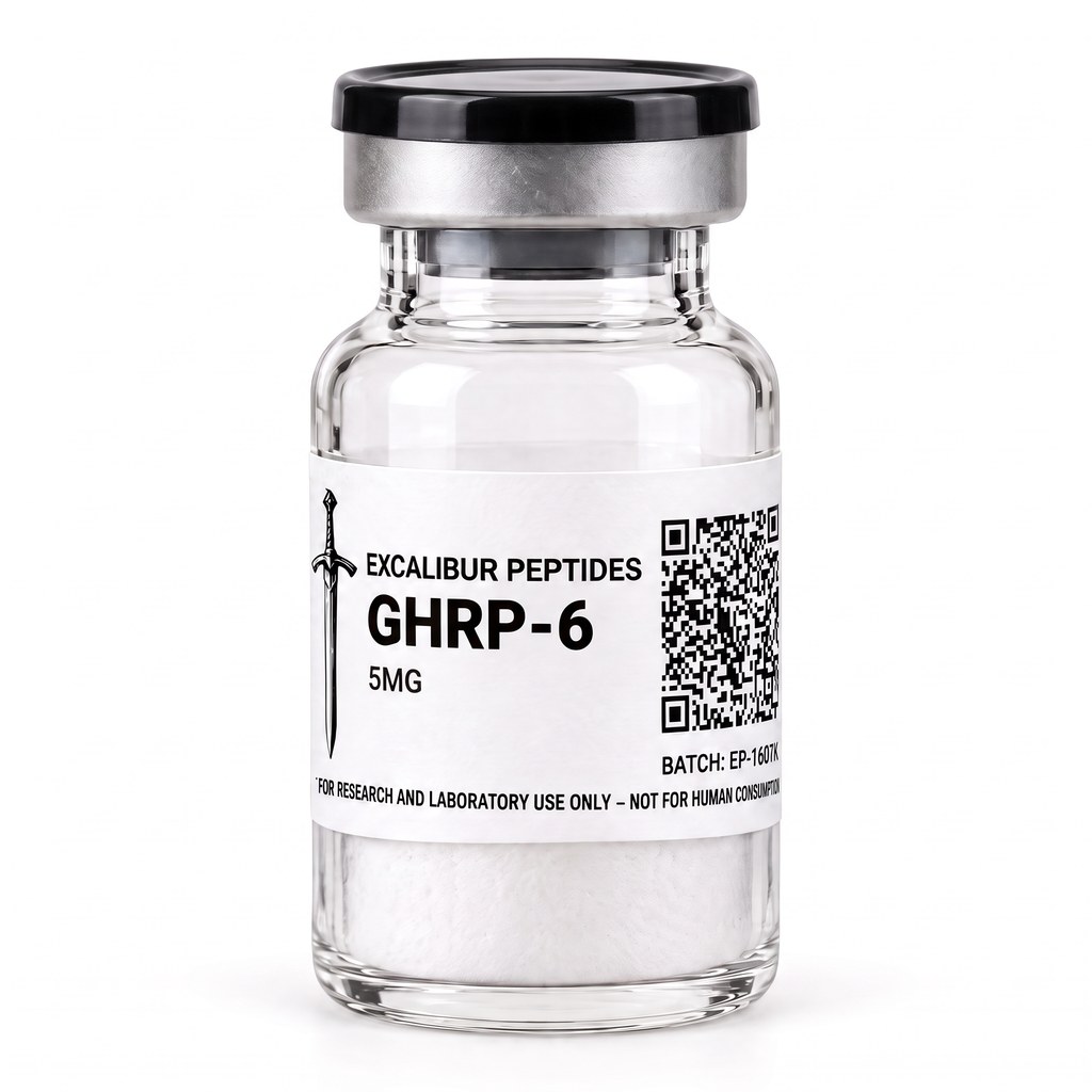 GHRP-6 hexapeptide 5 mg lyophilized research vial with Excalibur label