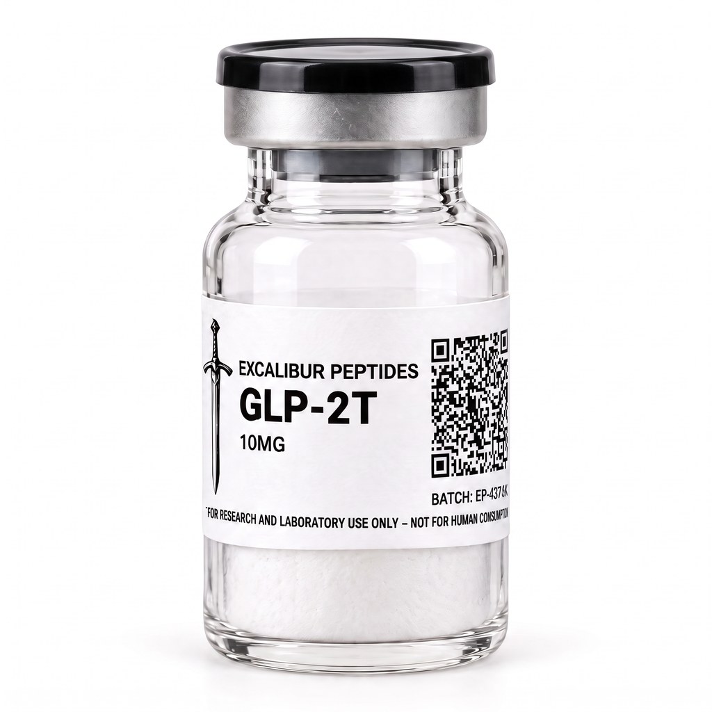 GLP-2T 10 mg lyophilized research peptide vial with Excalibur label