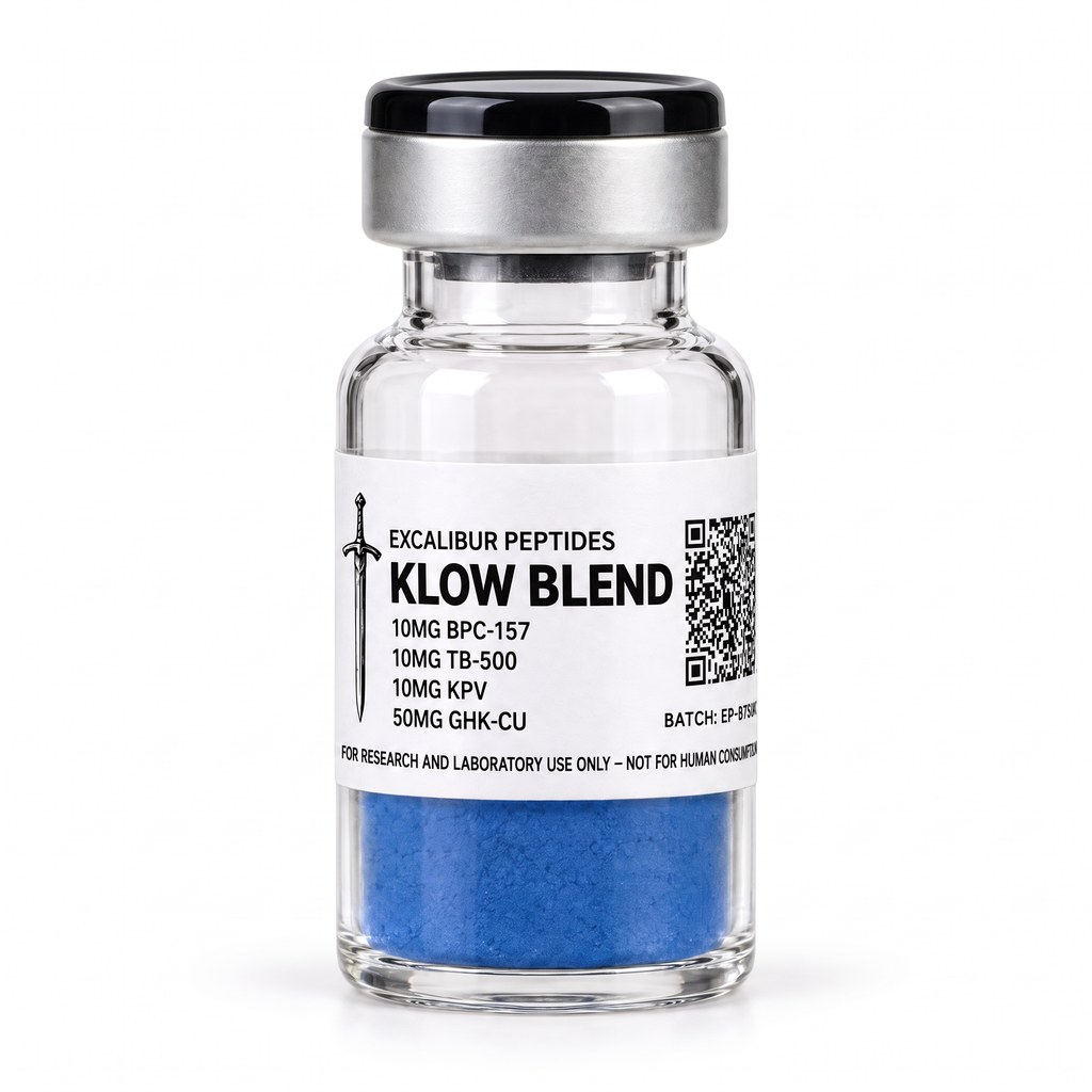 KLOW Blend four-peptide lyophilized research vial with Excalibur label