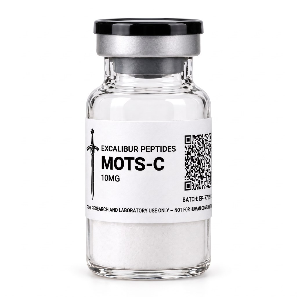 MOTS-c mitochondrial-derived peptide 10 mg lyophilized research vial with Excalibur label