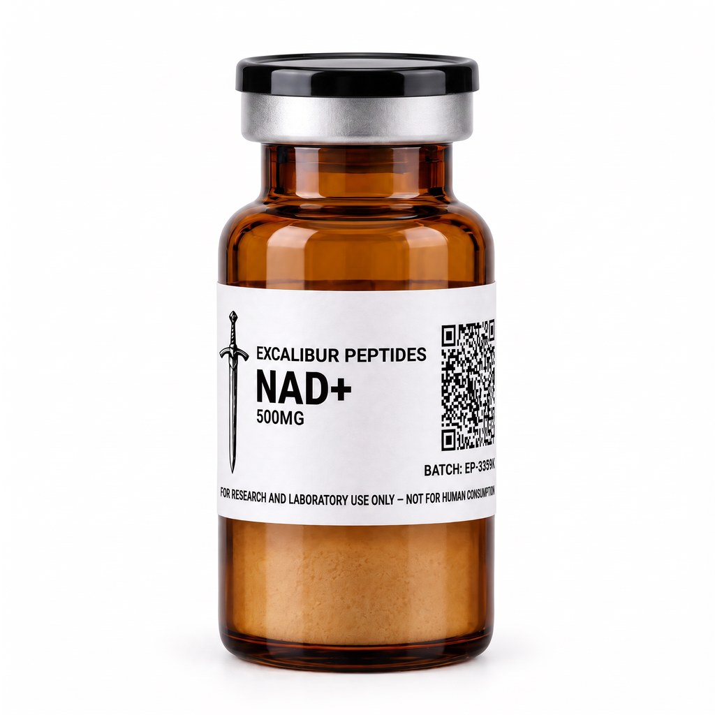 NAD+ 500 mg lyophilized research compound vial with Excalibur label
