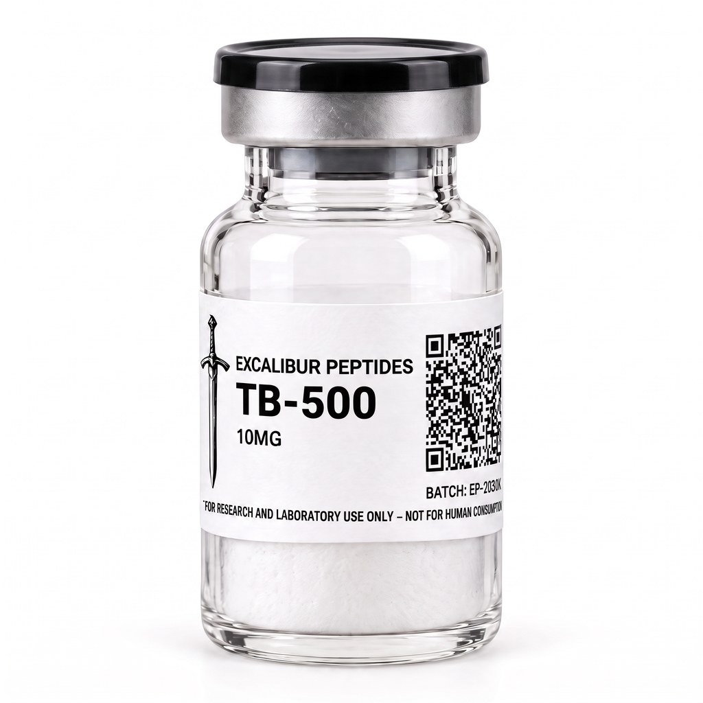 TB-500 thymosin beta-4 fragment 10 mg lyophilized research vial with Excalibur label