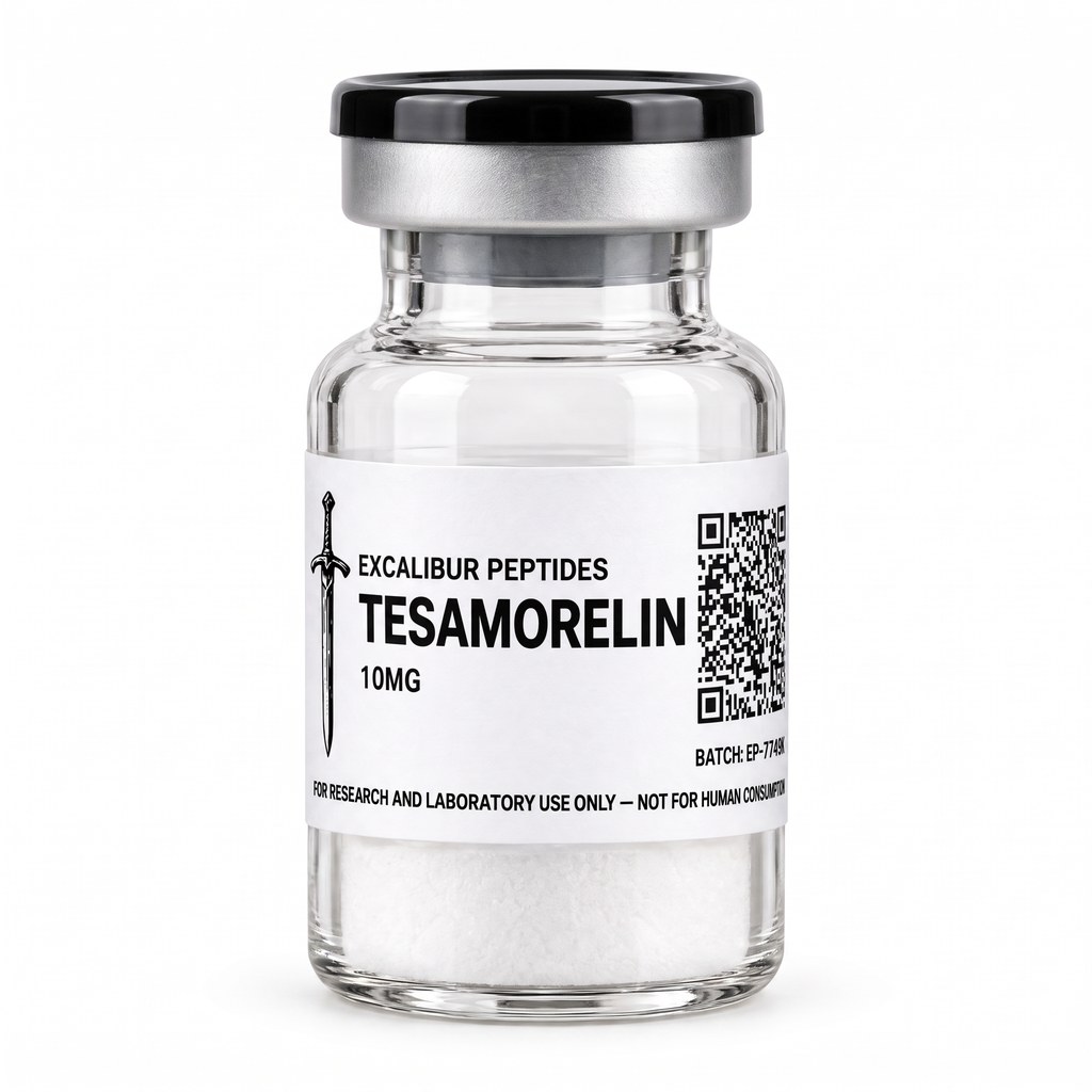 Tesamorelin GHRH analog 10 mg lyophilized research vial with Excalibur label