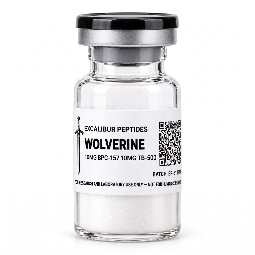 Wolverine Blend BPC-157 and TB-500 10/10 mg lyophilized research vial with Excalibur label